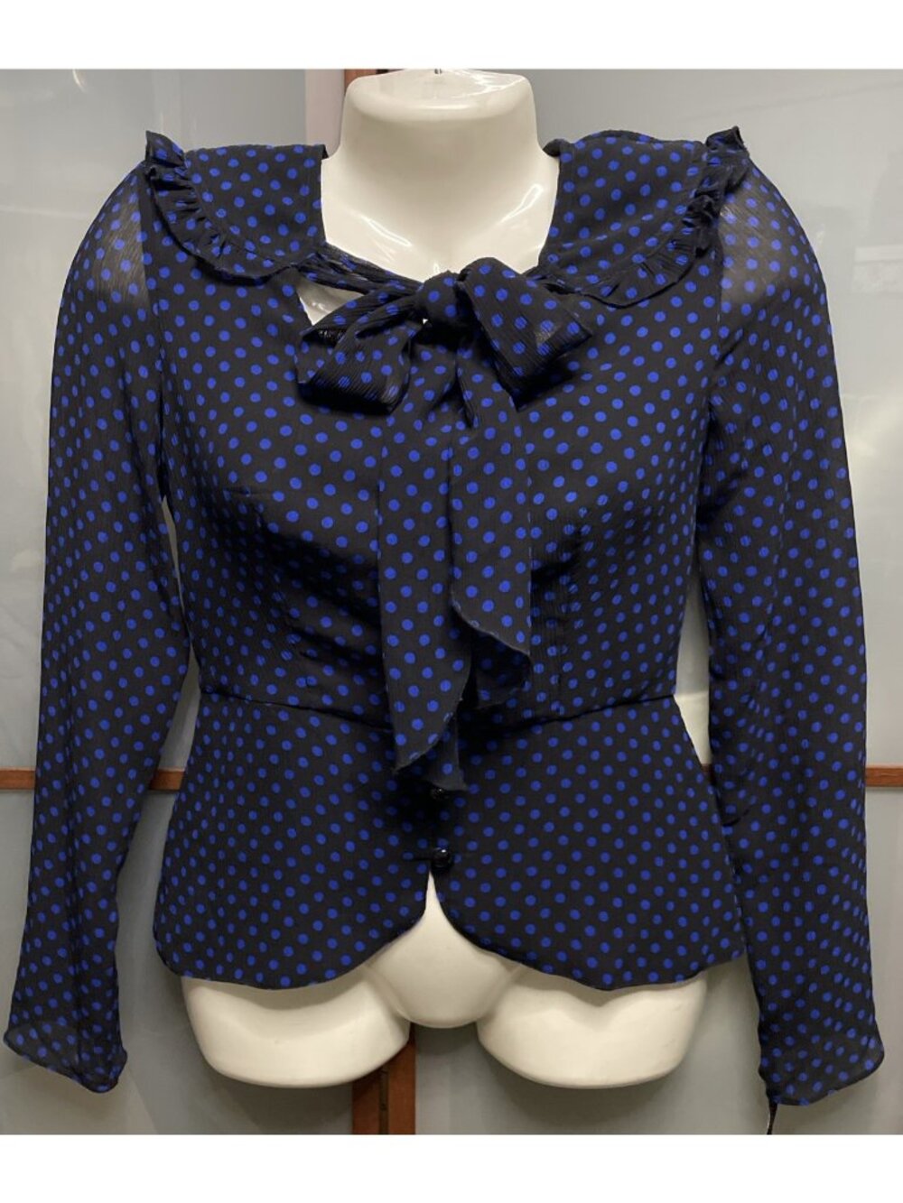 Alice Temperley Target XS Black Chiffon Blue Polka Dot Blue Bow Neck Tie Blouse